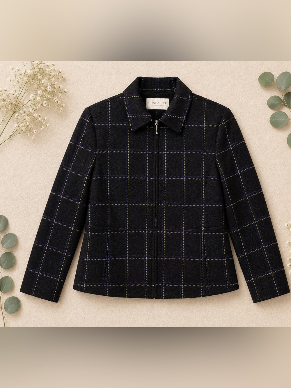 Vintage Doncaster Plaid Jacket Structured Zip Front Blazer Classic Tailored